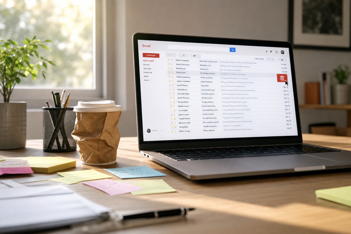 laptop showing email interface on wooden desk with coffee cup