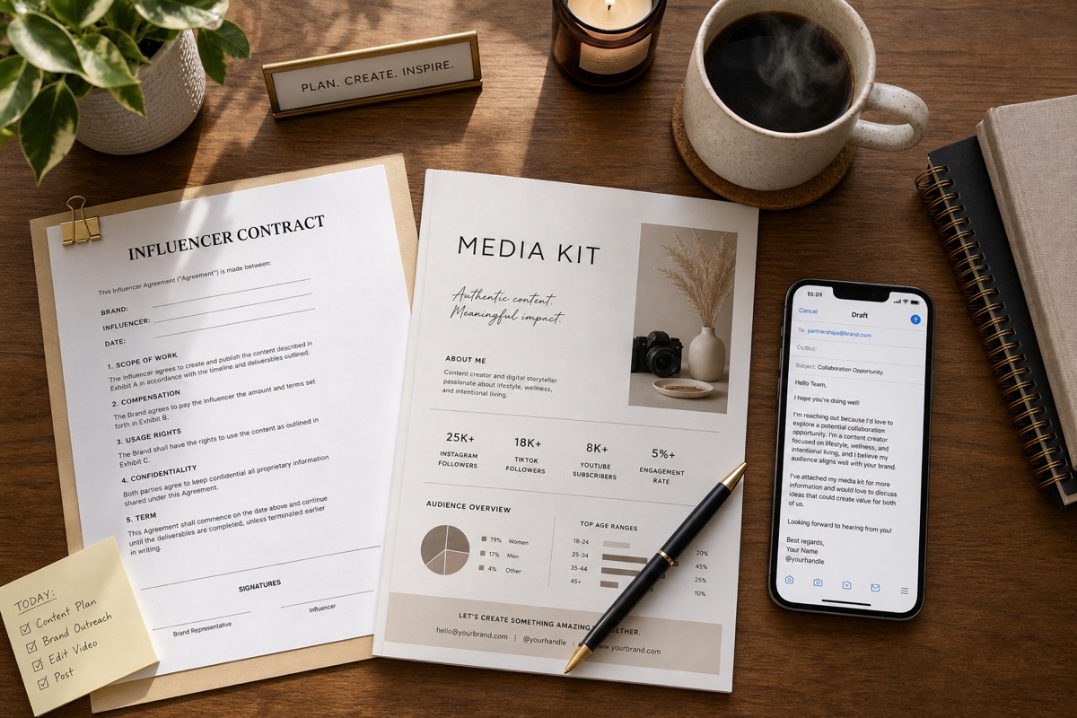 Influencer contract, media kit, and email draft on desk.