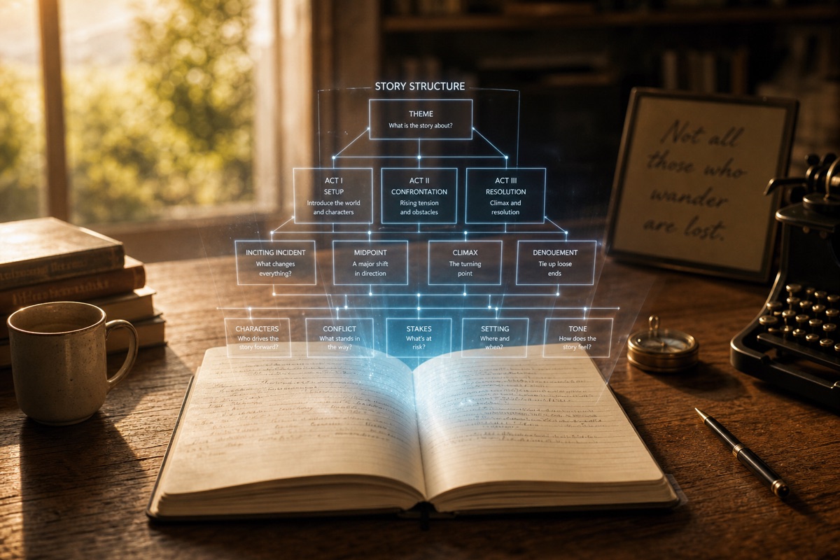 Open book with a digital story structure overlay, featuring theme and plot elements.