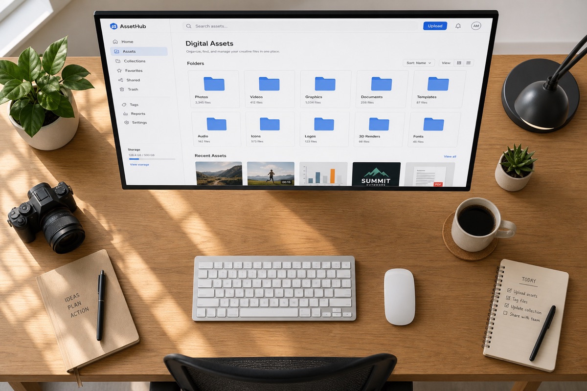 Organized workspace with digital assets displayed on monitor.