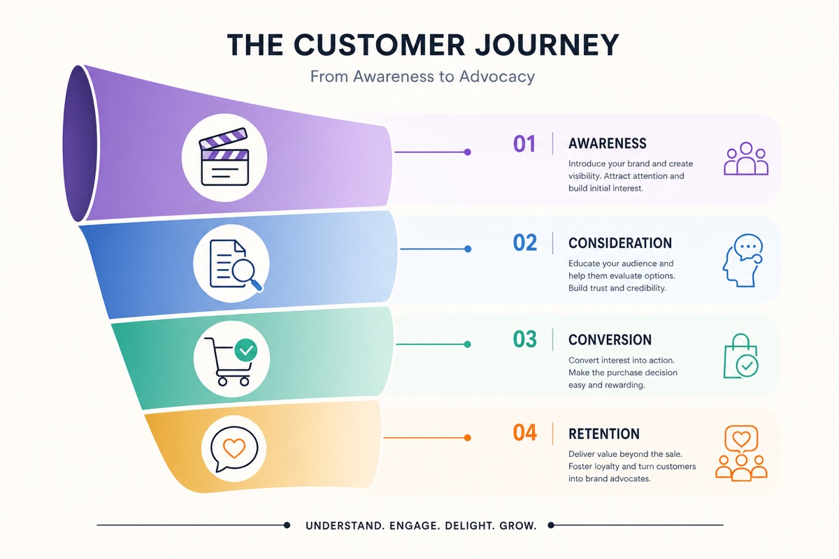 Illustration of a four-stage customer journey funnel.