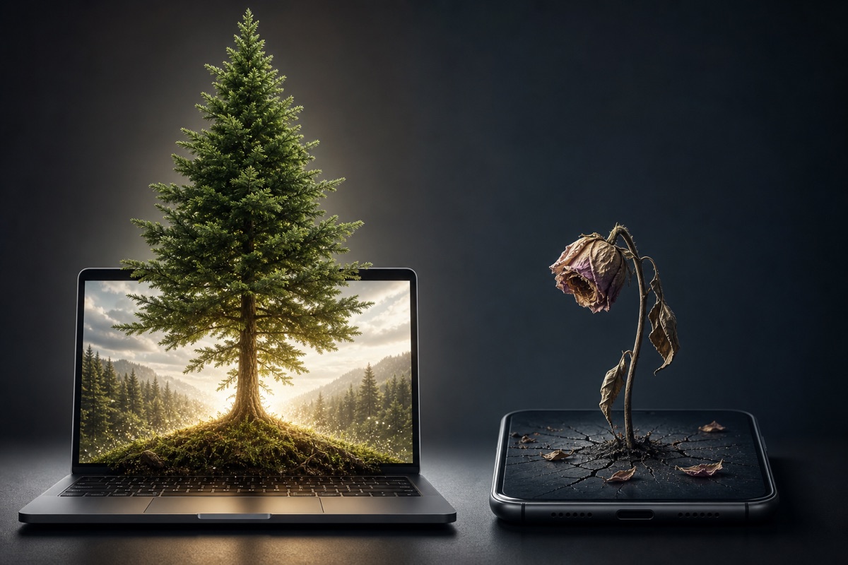 Tree growing from laptop, wilted flower on phone.