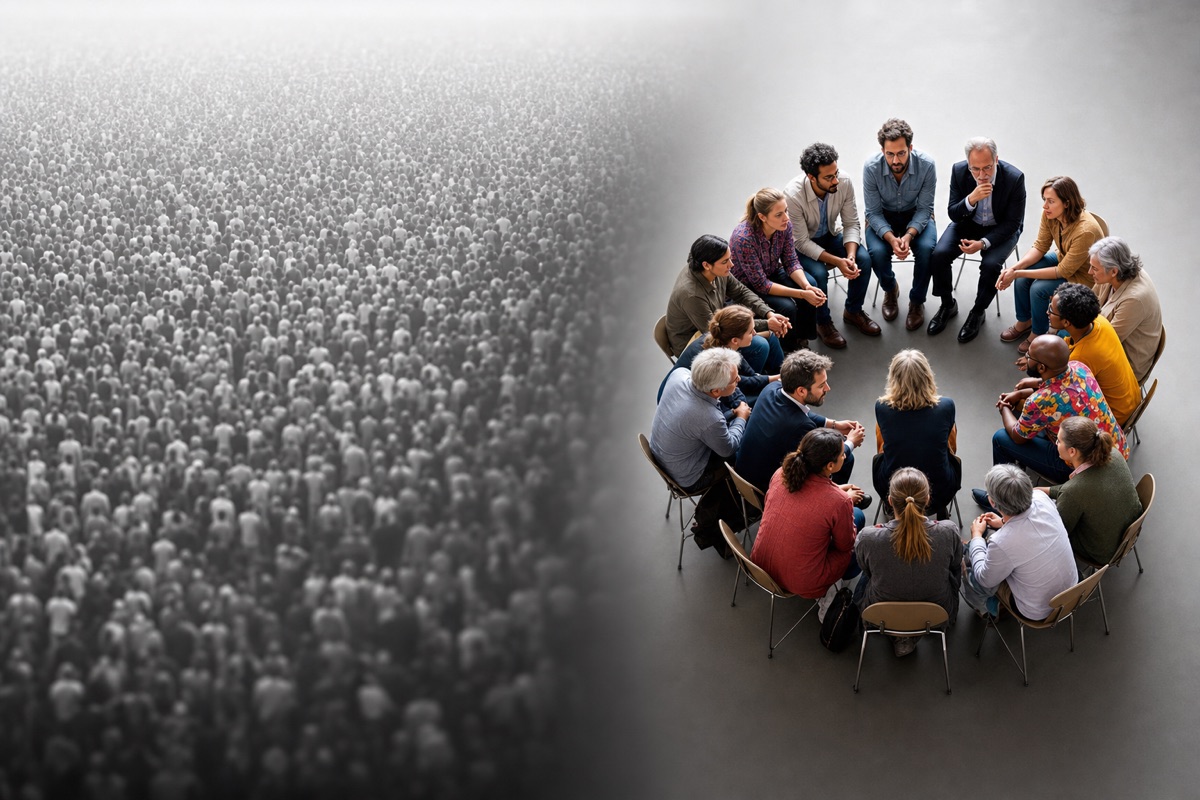Group discussion contrasting with crowd background.