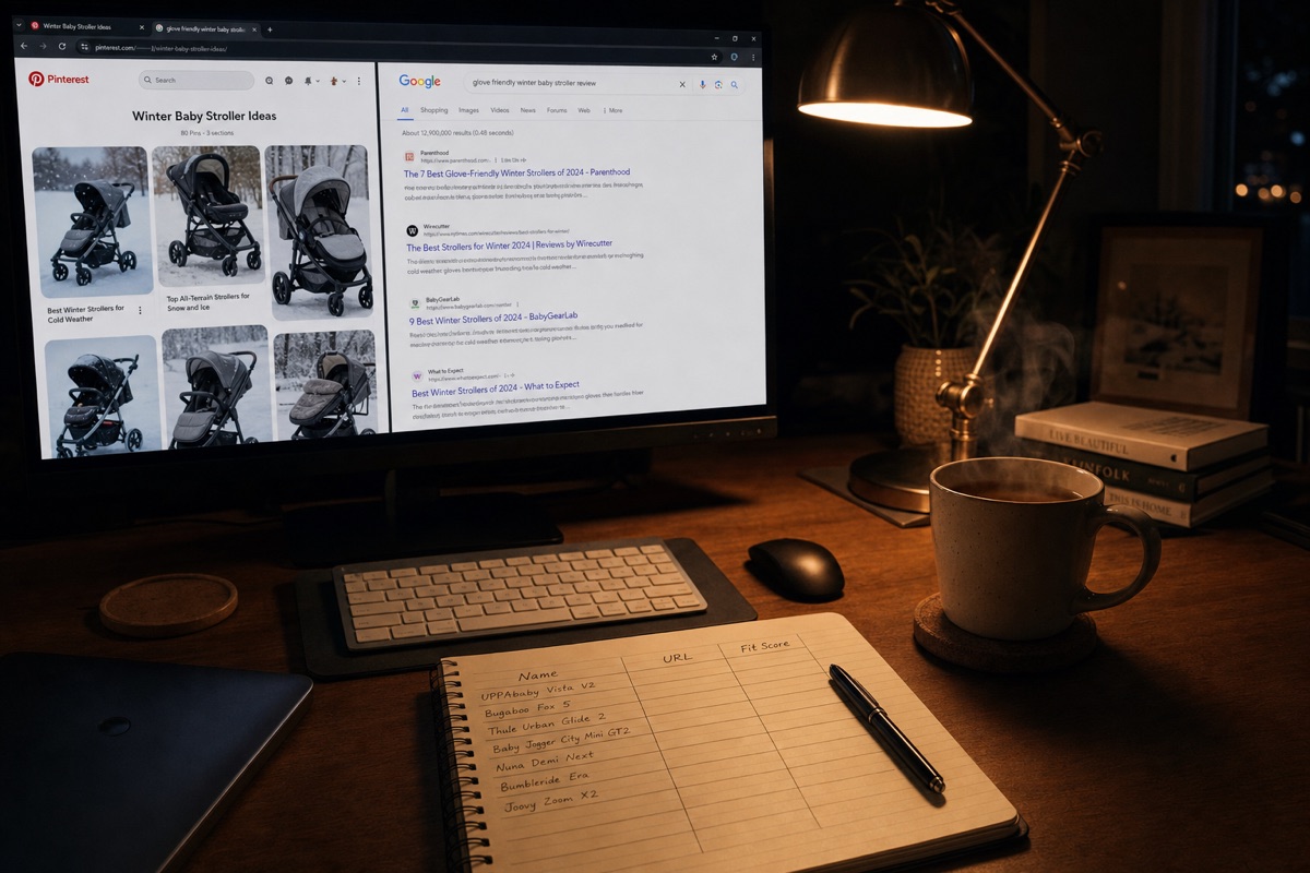 Desk setup with winter stroller search and notes.