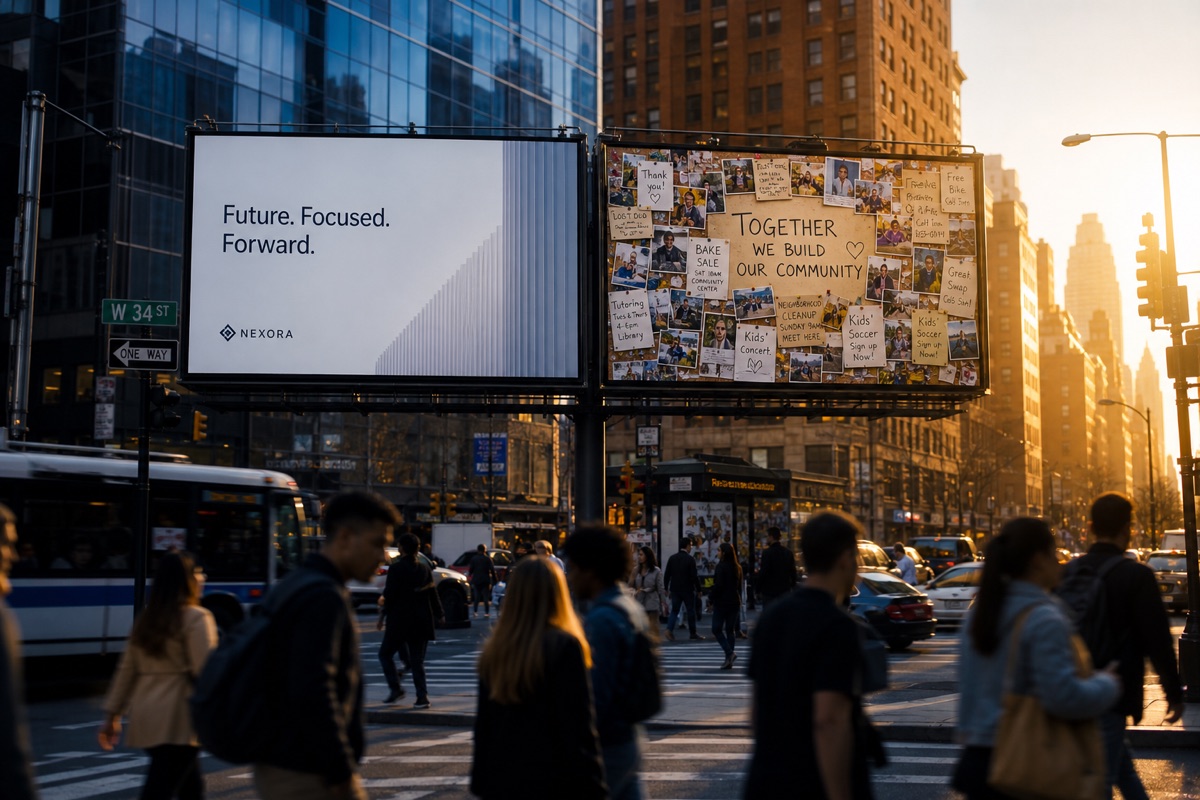 billboards display community and business messages at busy city intersection