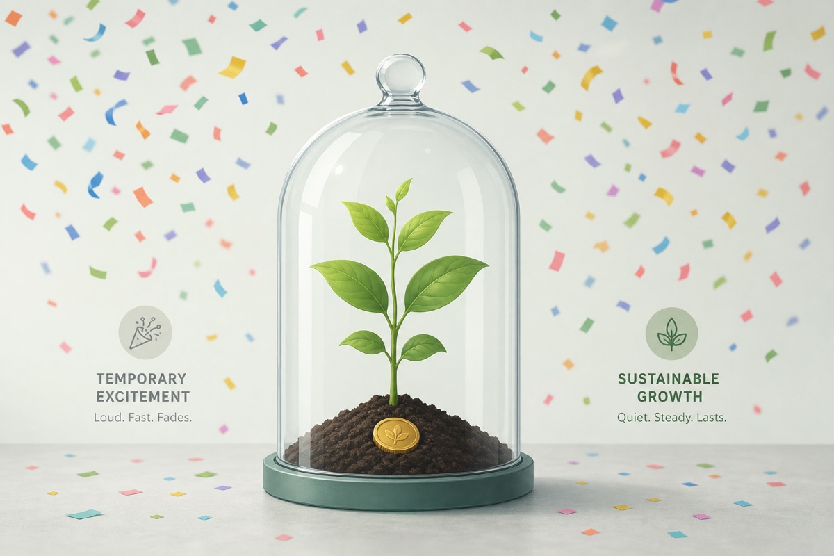 Plant under glass dome symbolizes lasting growth amidst confetti.