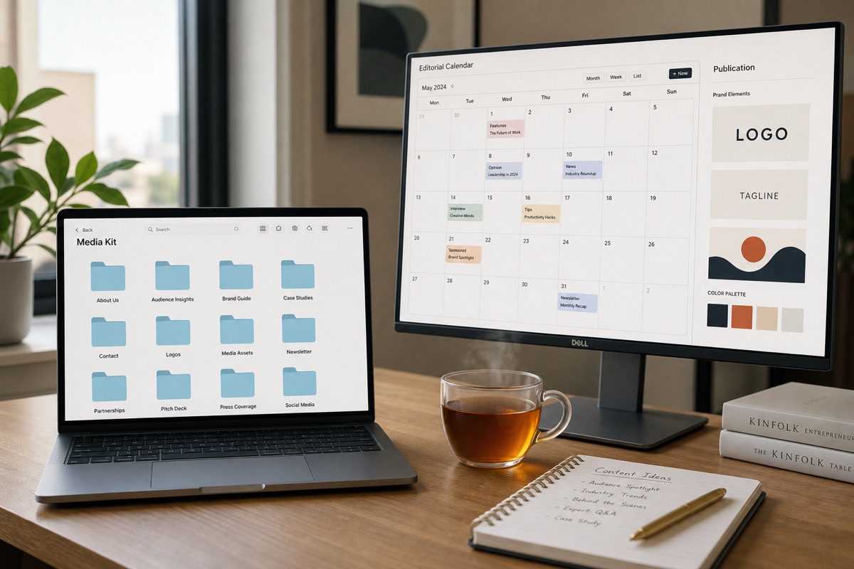 workspace featuring media kit files and editorial calendar