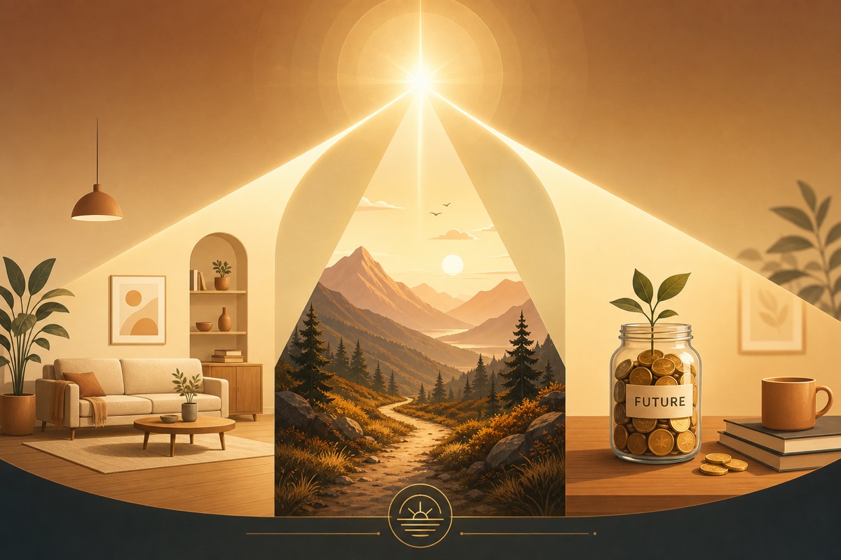Scenic room with pathway through arch and coin jar labeled future.