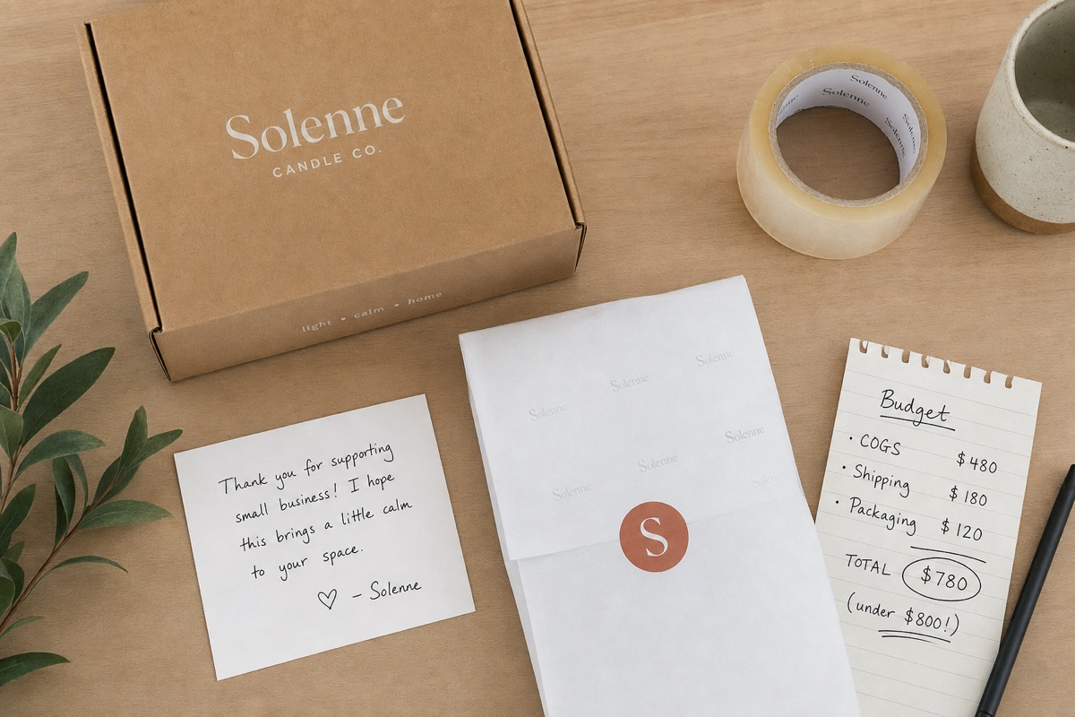 Solenne Candle Co. packaging with budget and thank you note.