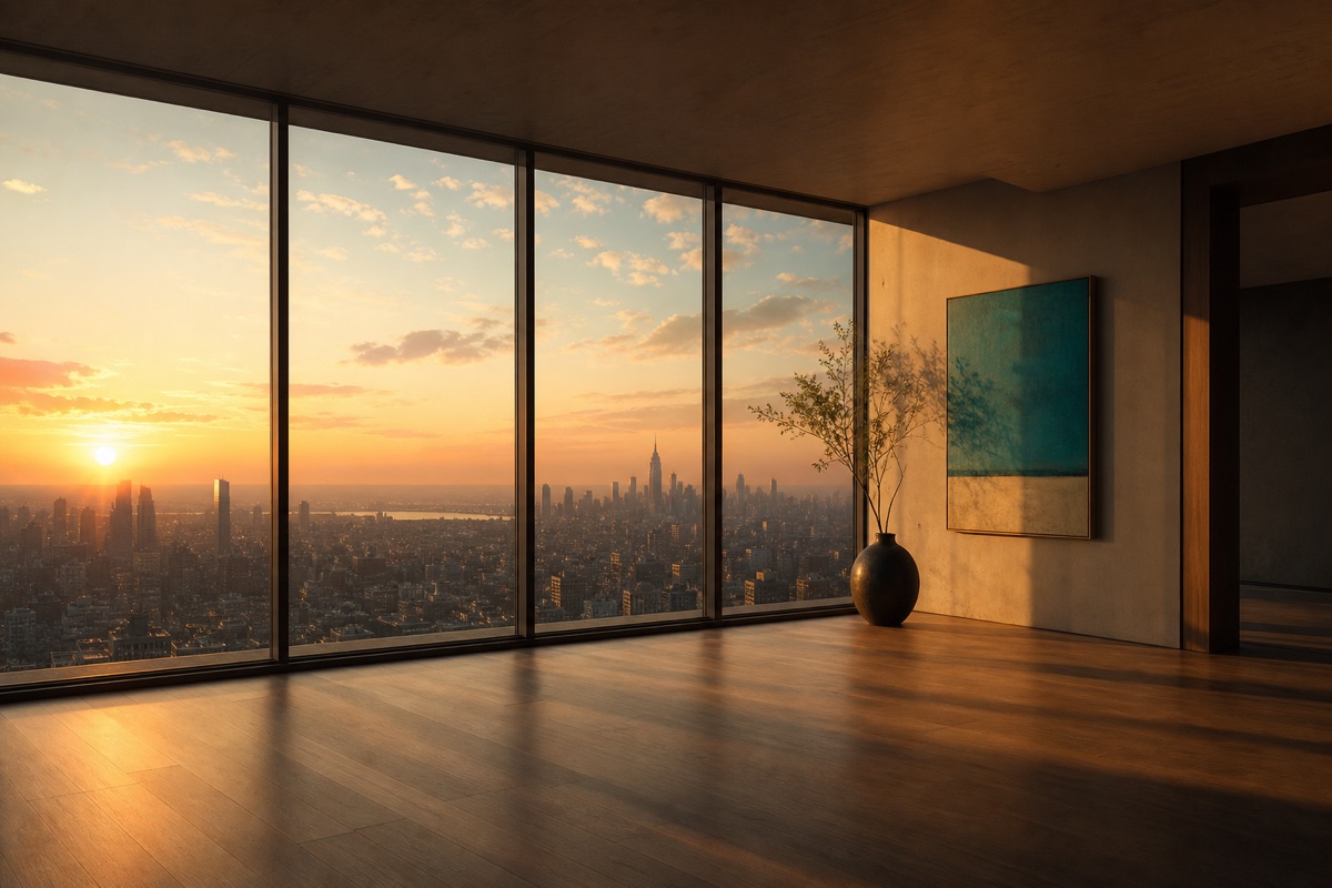 spacious modern room with city skyline at sunset