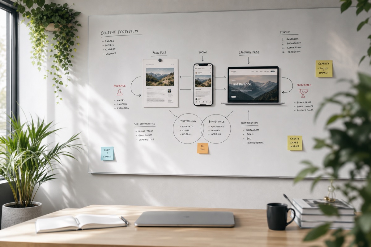 Whiteboard with content strategy notes and devices in office setting.