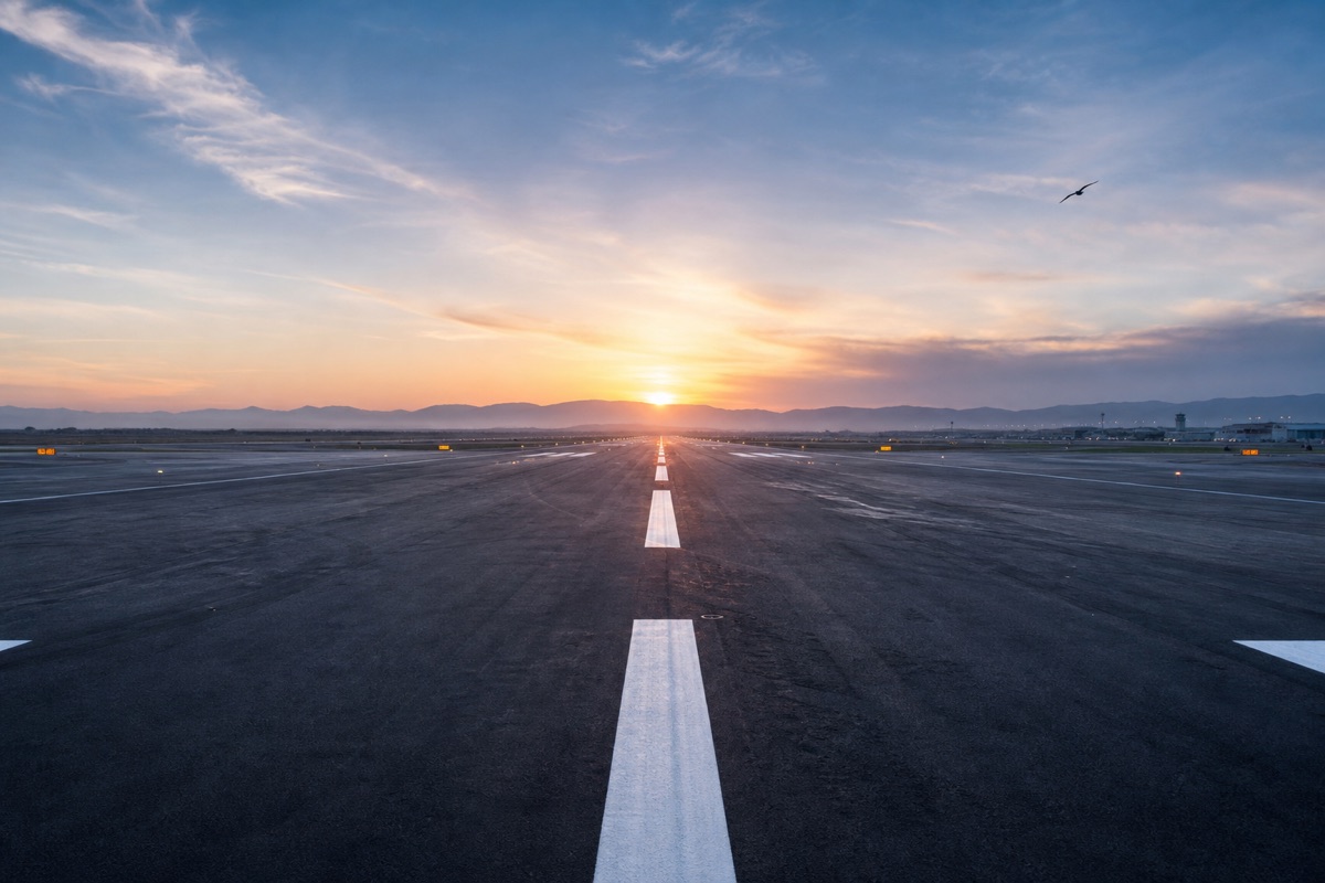 Runway extending towards a sunrise with a distant bird flying.