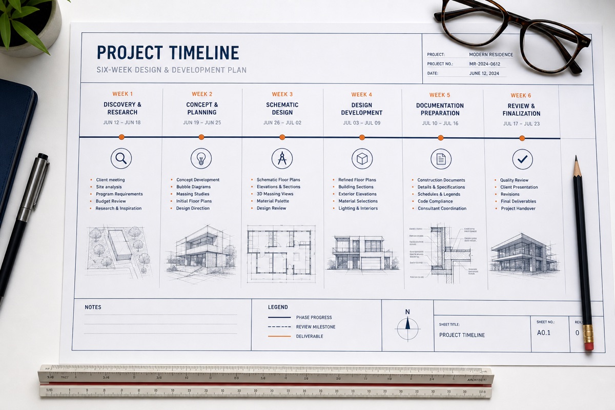 Project timeline outlining a six-week design and development plan.