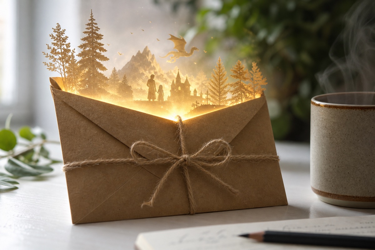 Enchanted envelope revealing magical forest and dragon scene.